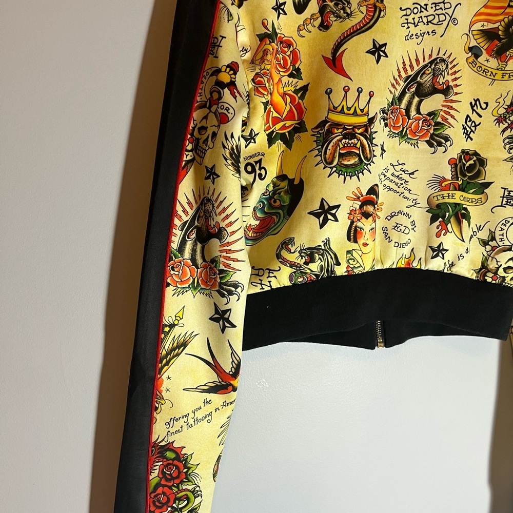 Ed Hardy Women's Yellow Bomber Jacket with Tattoo Print - Picture 13 of 15